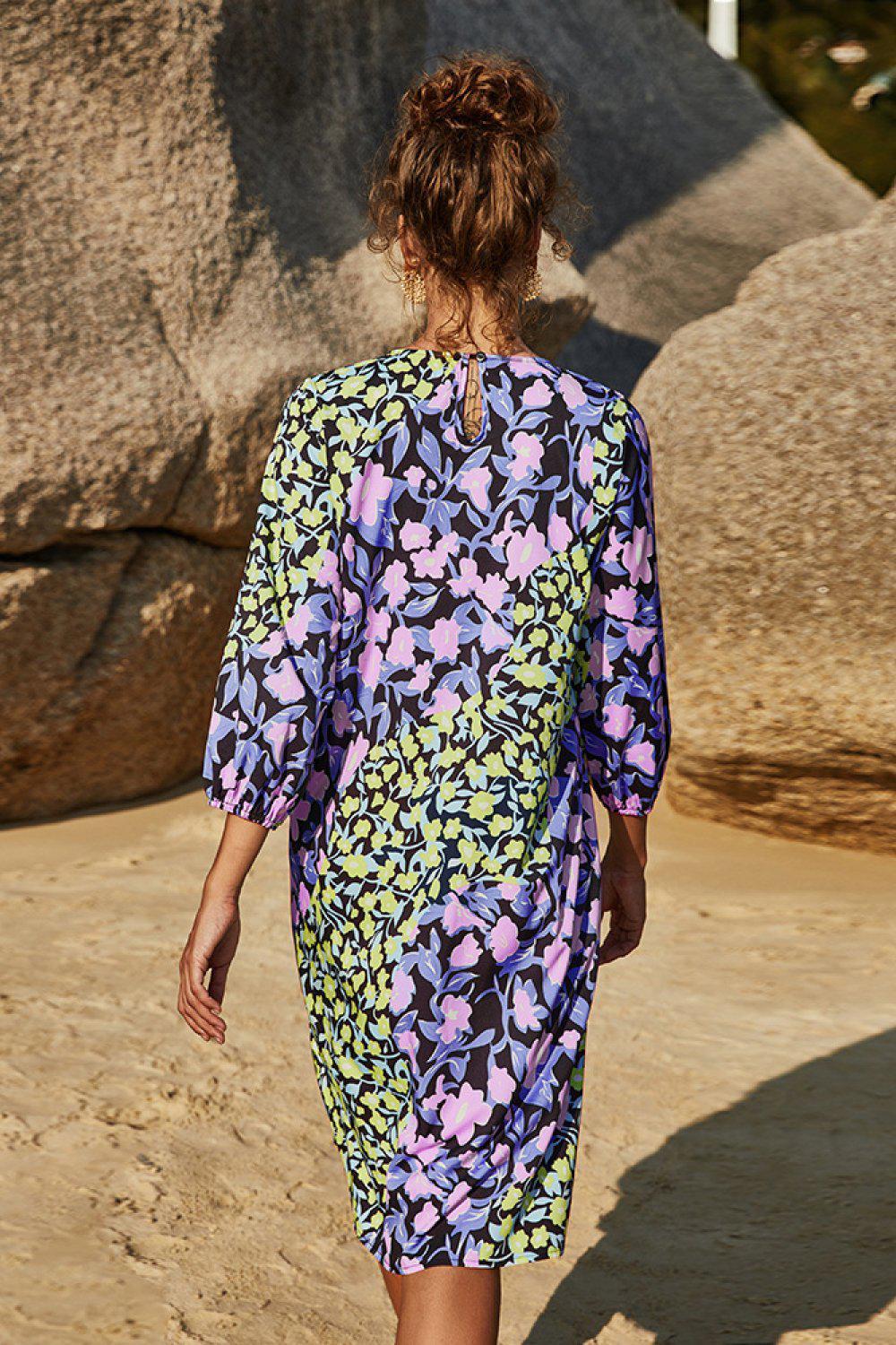 Floral Three Quarter Sleeve Dress BLUE ZONE PLANET