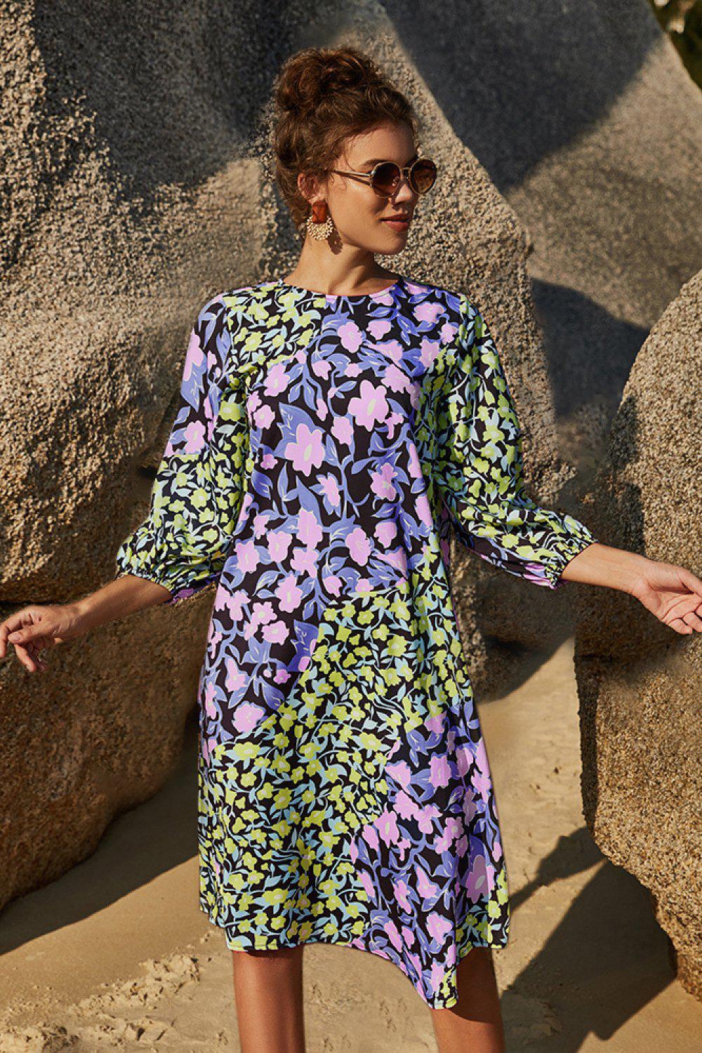 Floral Three Quarter Sleeve Dress BLUE ZONE PLANET