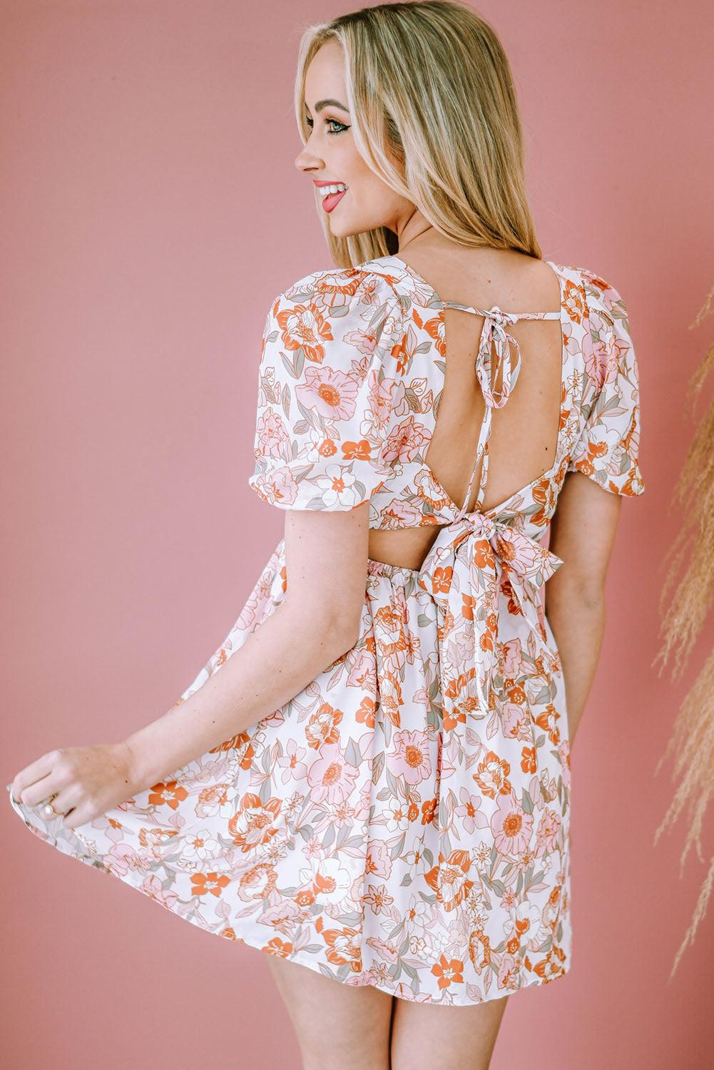 Floral Tie-Back Puff Sleeve Dress BLUE ZONE PLANET