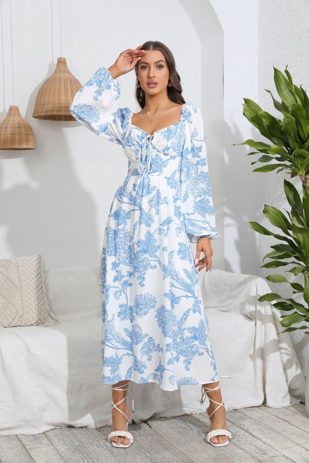 Floral Tie Front Sweetheart Neck Midi Dress BLUE ZONE PLANET