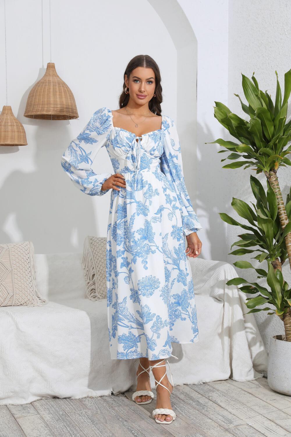 Floral Tie Front Sweetheart Neck Midi Dress BLUE ZONE PLANET