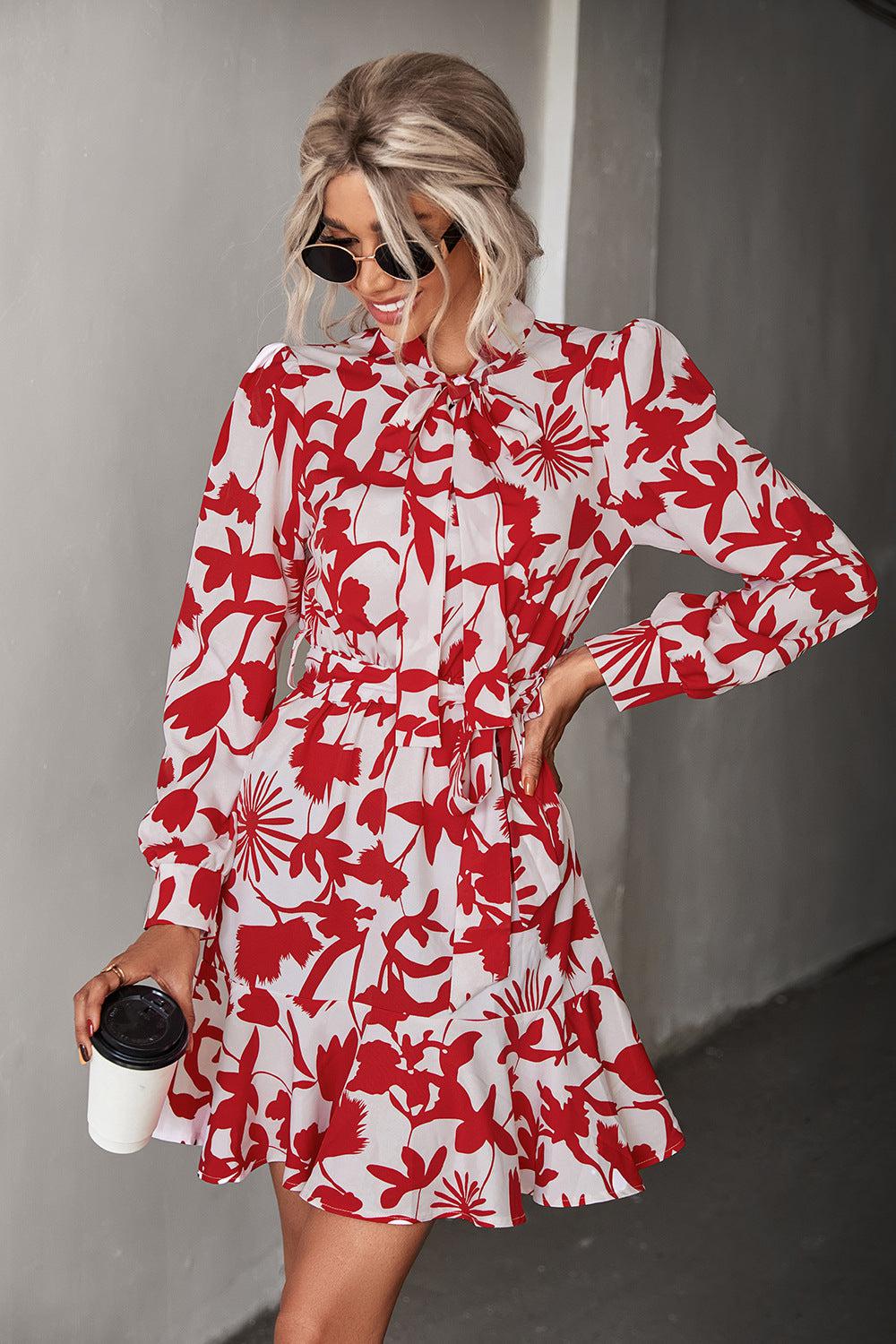 Floral Tie Neck Belted Puff Sleeve Dress BLUE ZONE PLANET