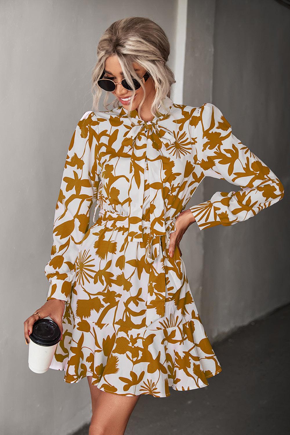 Floral Tie Neck Belted Puff Sleeve Dress BLUE ZONE PLANET
