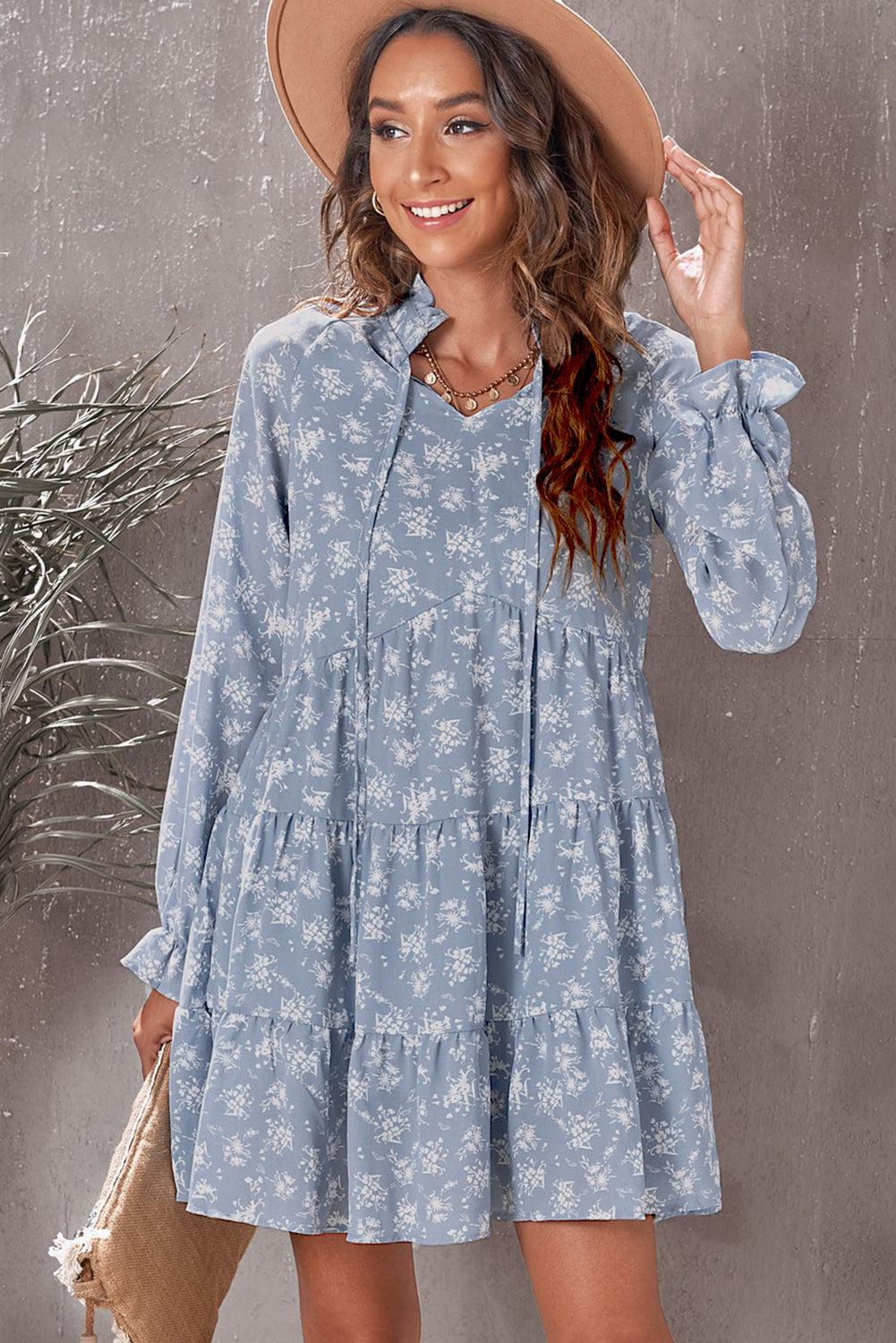 Floral Tie-Neck Flounce Sleeve Tiered Babydoll Dress-TOPS / DRESSES-[Adult]-[Female]-2022 Online Blue Zone Planet
