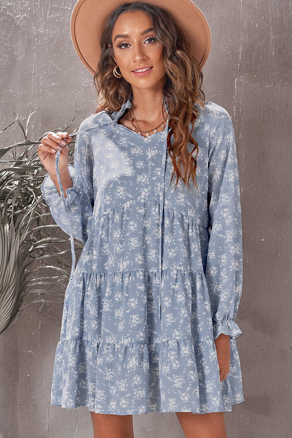 Floral Tie-Neck Flounce Sleeve Tiered Babydoll Dress-TOPS / DRESSES-[Adult]-[Female]-Sky Blue-S-2022 Online Blue Zone Planet