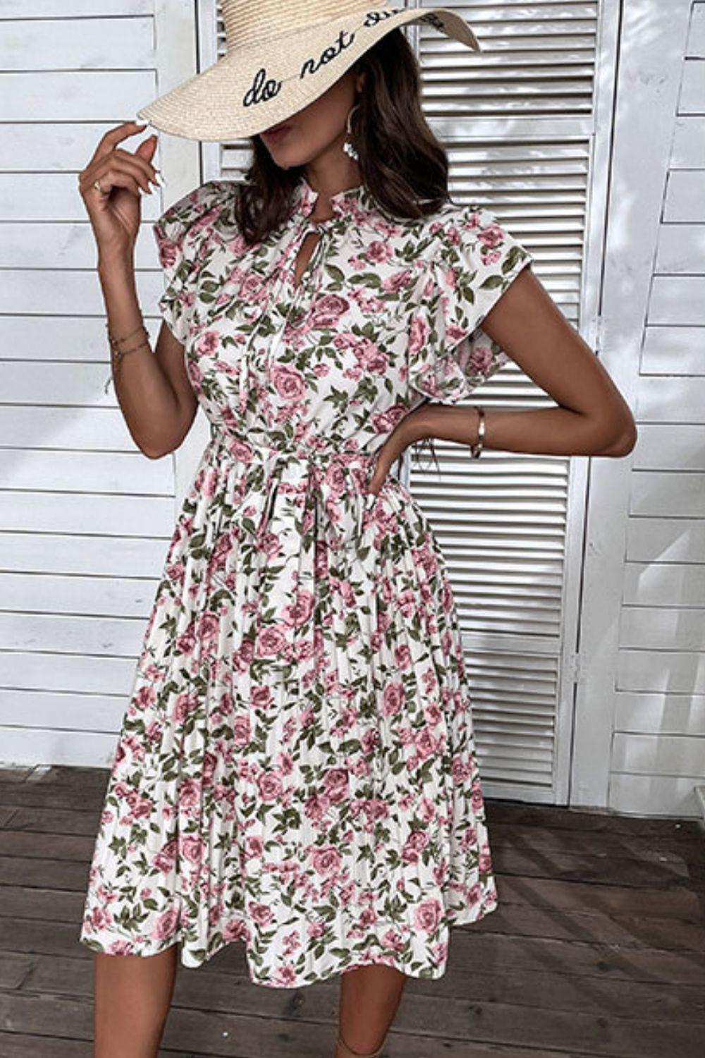 Floral Tie-Neck Flutter Sleeve Midi Dress BLUE ZONE PLANET