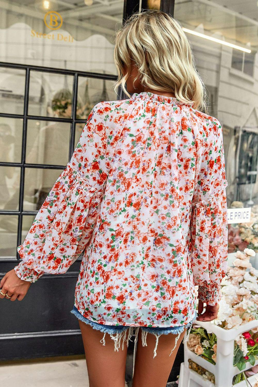 Floral Tie Neck Lantern Sleeve Blouse-TOPS / DRESSES-[Adult]-[Female]-Blue Zone Planet