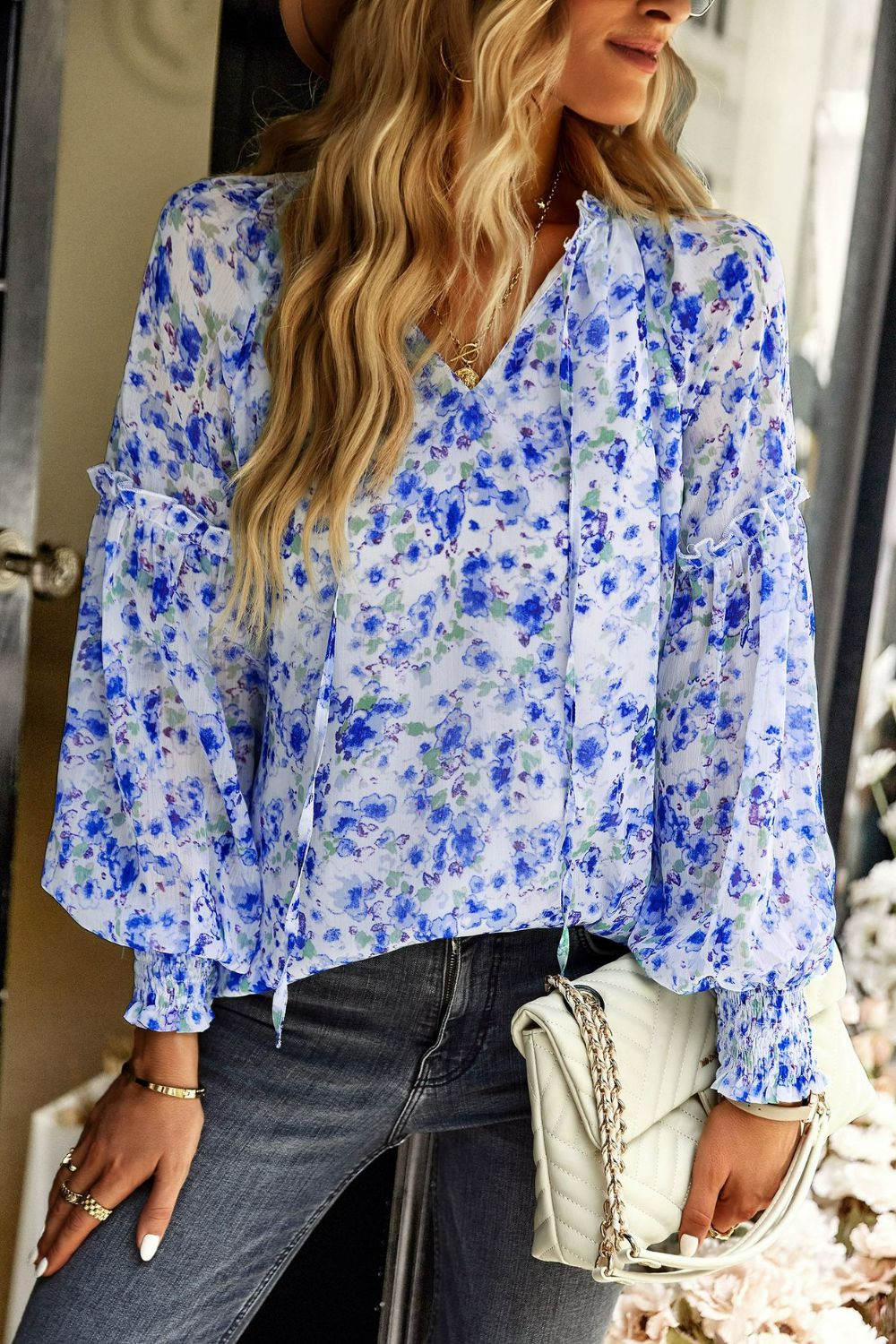 Floral Tie Neck Lantern Sleeve Blouse-TOPS / DRESSES-[Adult]-[Female]-Blue Floral-S-Blue Zone Planet
