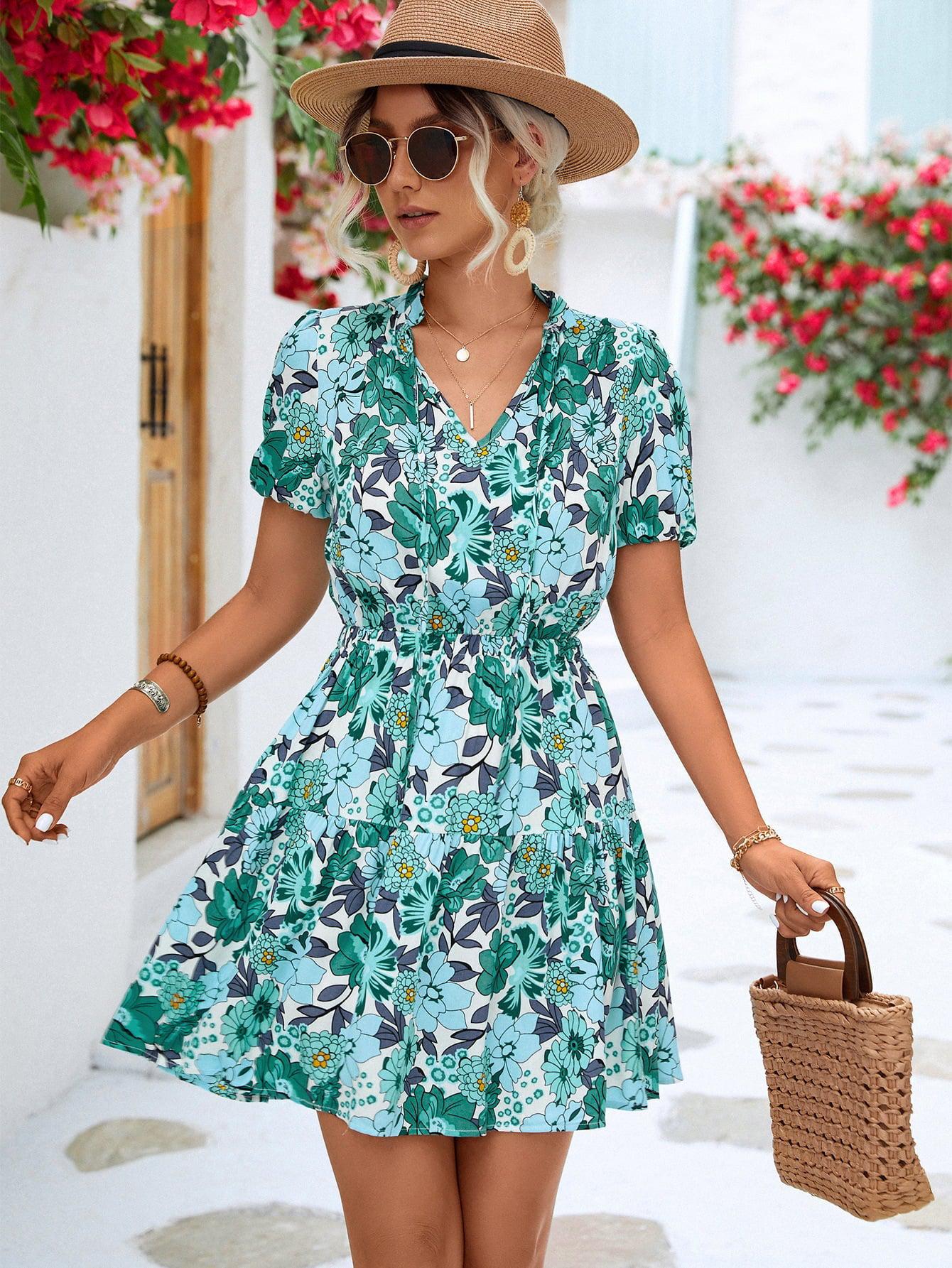 Floral Tie Neck Puff Sleeve Tiered Dress BLUE ZONE PLANET