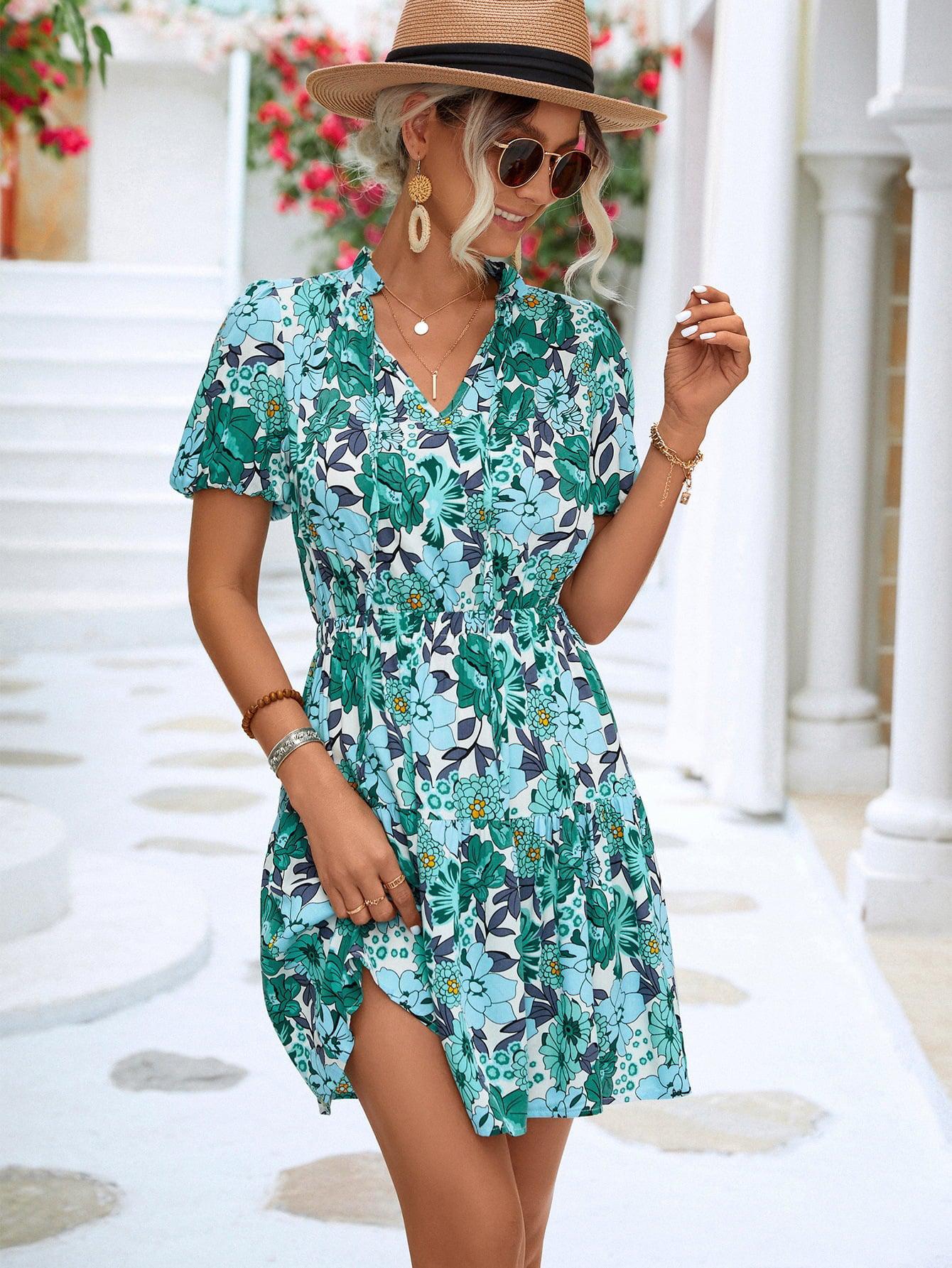 Floral Tie Neck Puff Sleeve Tiered Dress BLUE ZONE PLANET