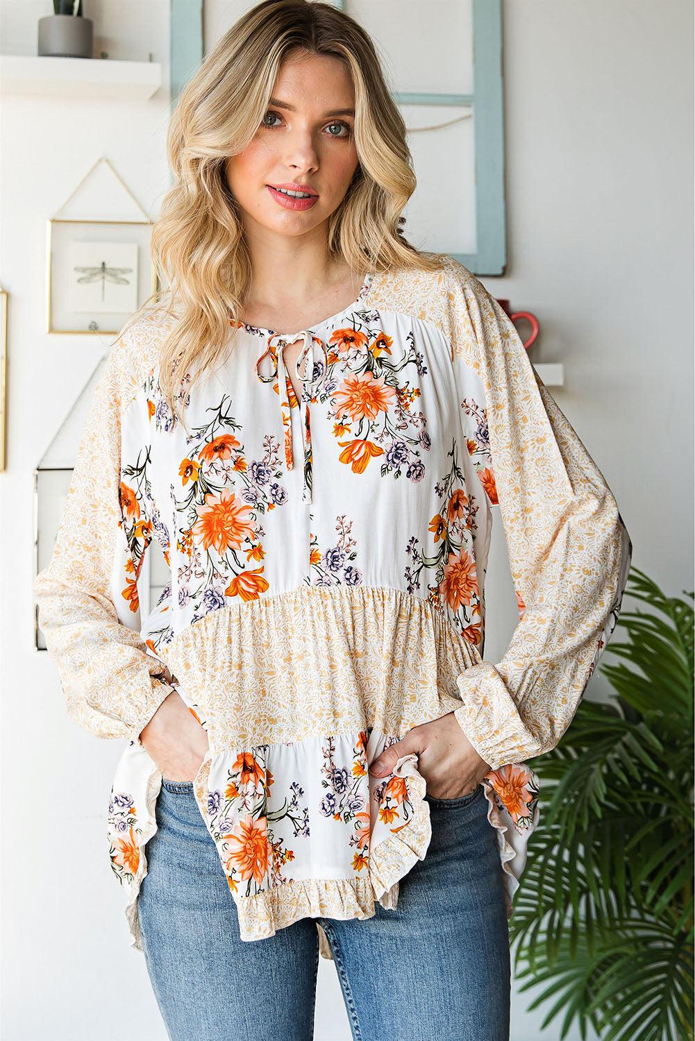 Floral Tie Neck Tiered Blouse BLUE ZONE PLANET