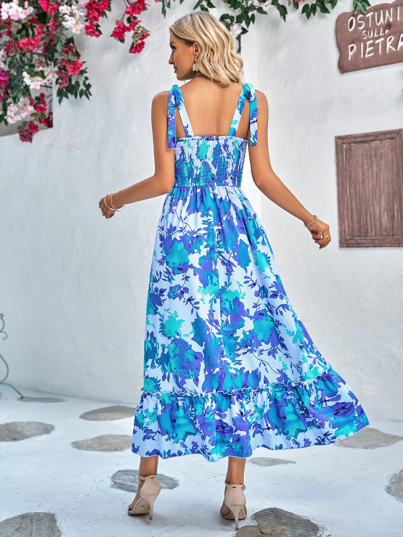 Floral Tie-Shoulder Frill Trim Smocked Maxi Dress BLUE ZONE PLANET