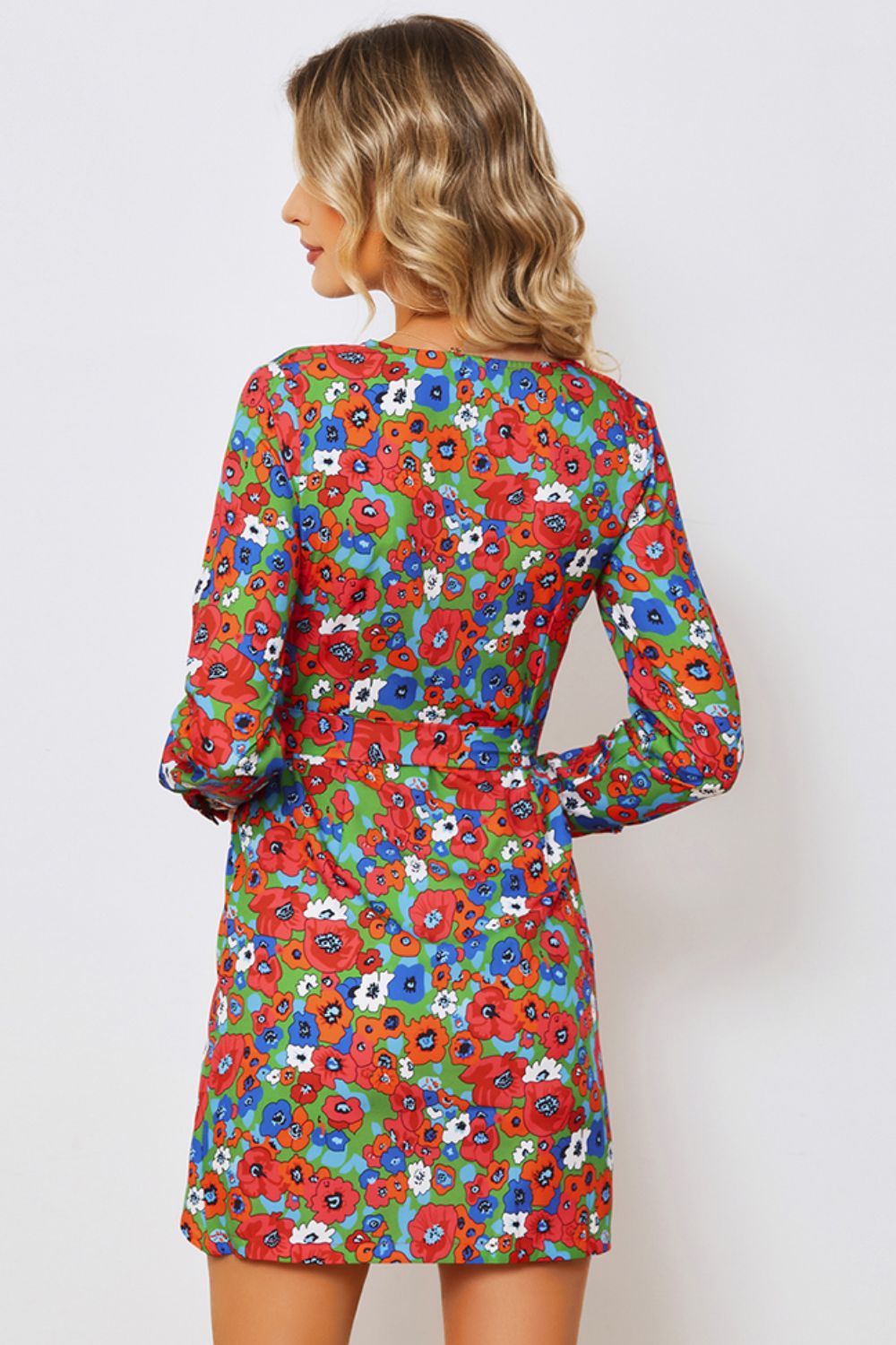 Floral Tied Long Sleeve Plunge Dress BLUE ZONE PLANET