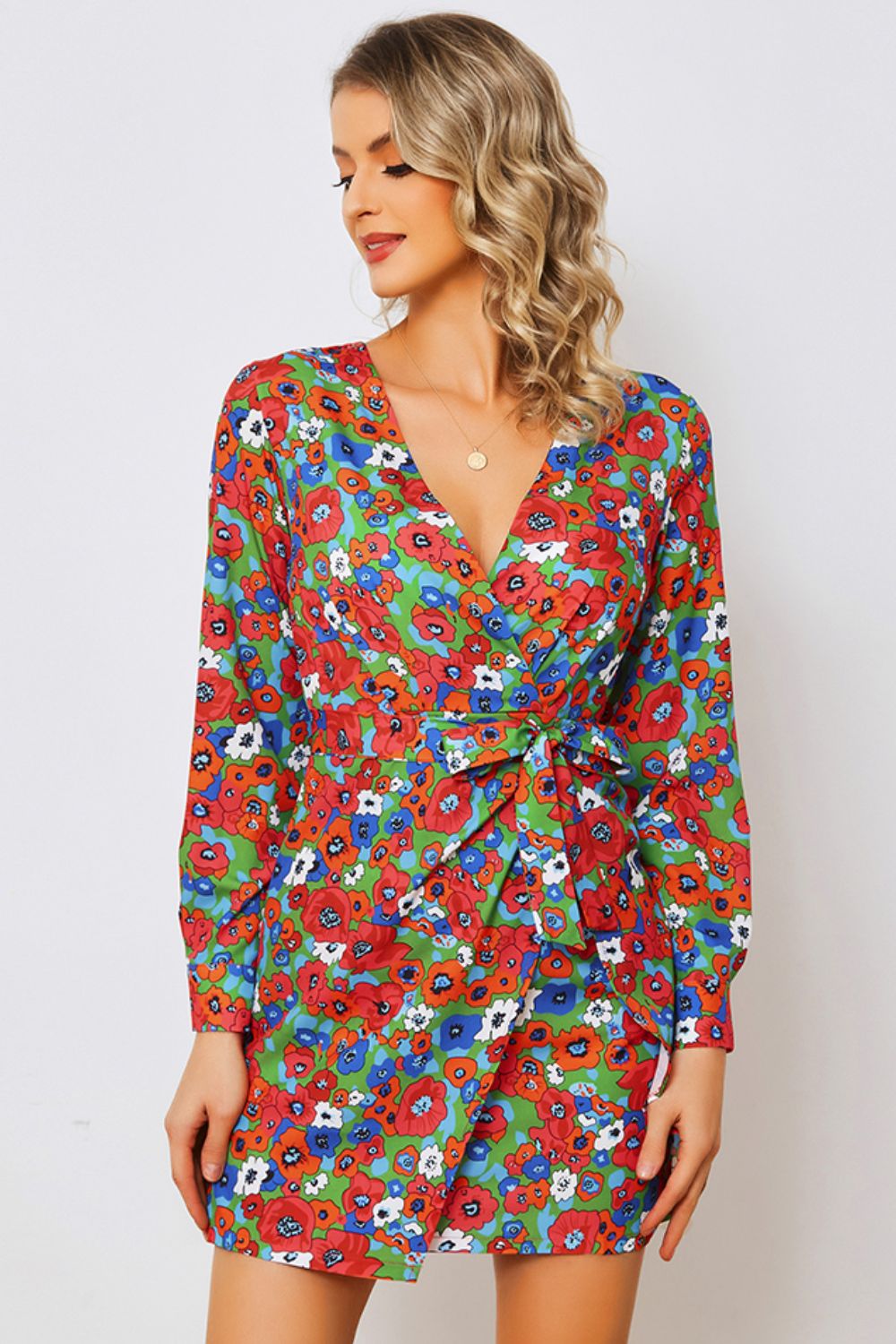 Floral Tied Long Sleeve Plunge Dress BLUE ZONE PLANET