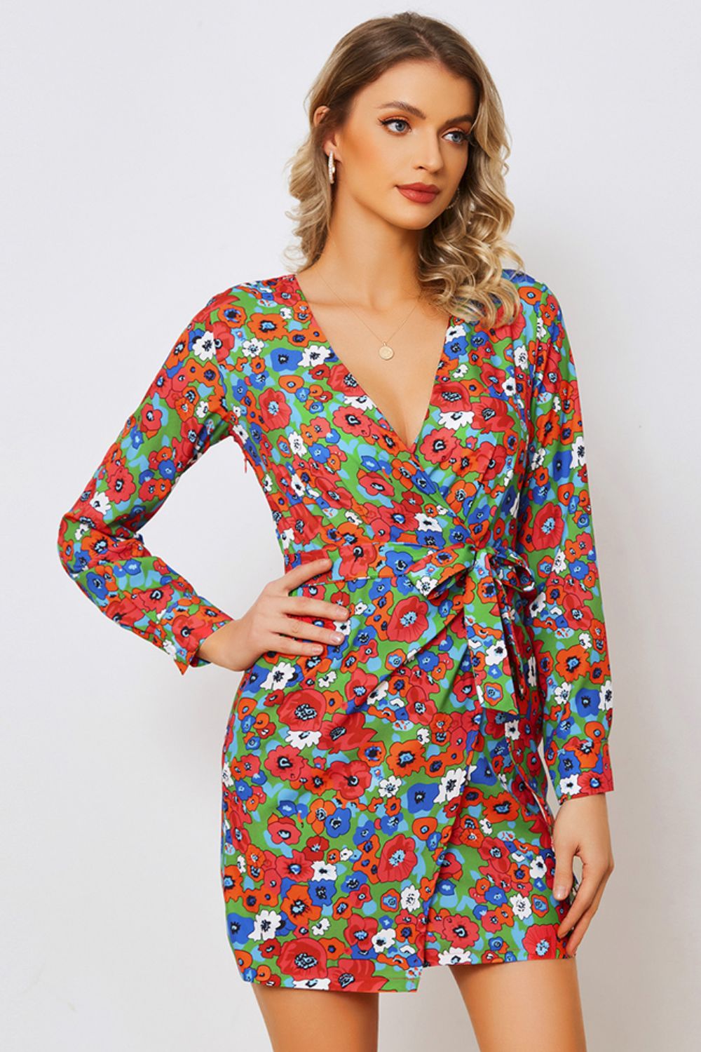 Floral Tied Long Sleeve Plunge Dress BLUE ZONE PLANET