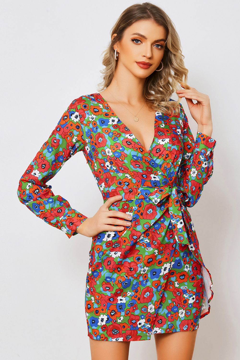 Floral Tied Long Sleeve Plunge Dress BLUE ZONE PLANET