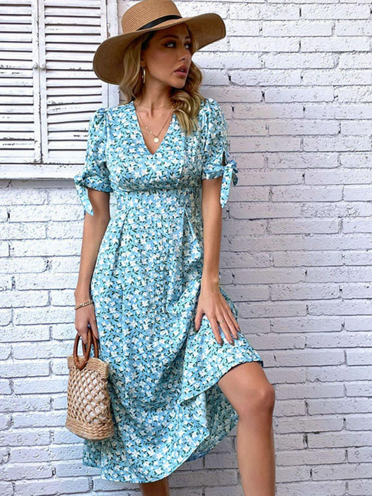 Floral Tied Puff Sleeve V-Neck Dress BLUE ZONE PLANET
