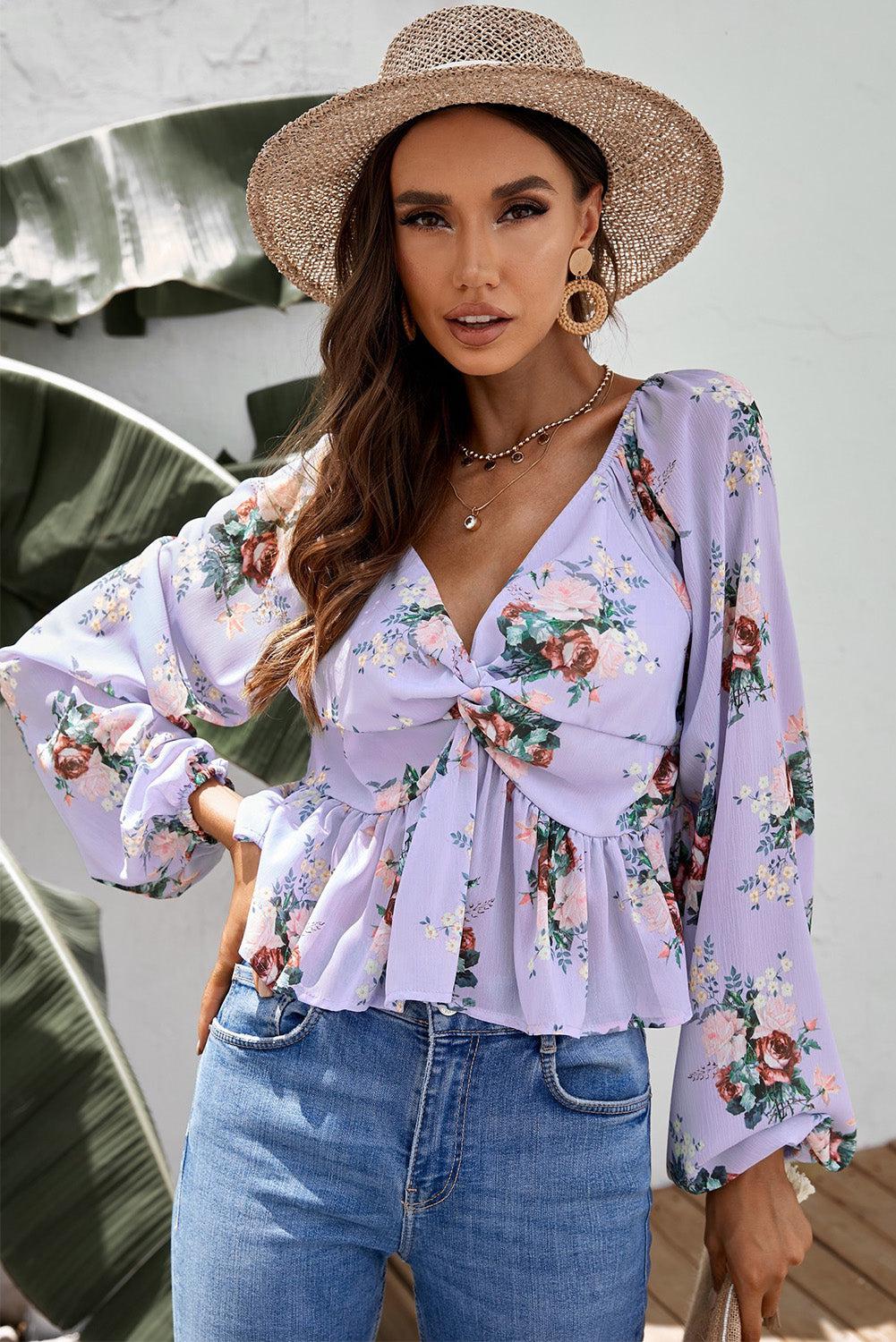 Floral Twisted Peplum Blouse BLUE ZONE PLANET
