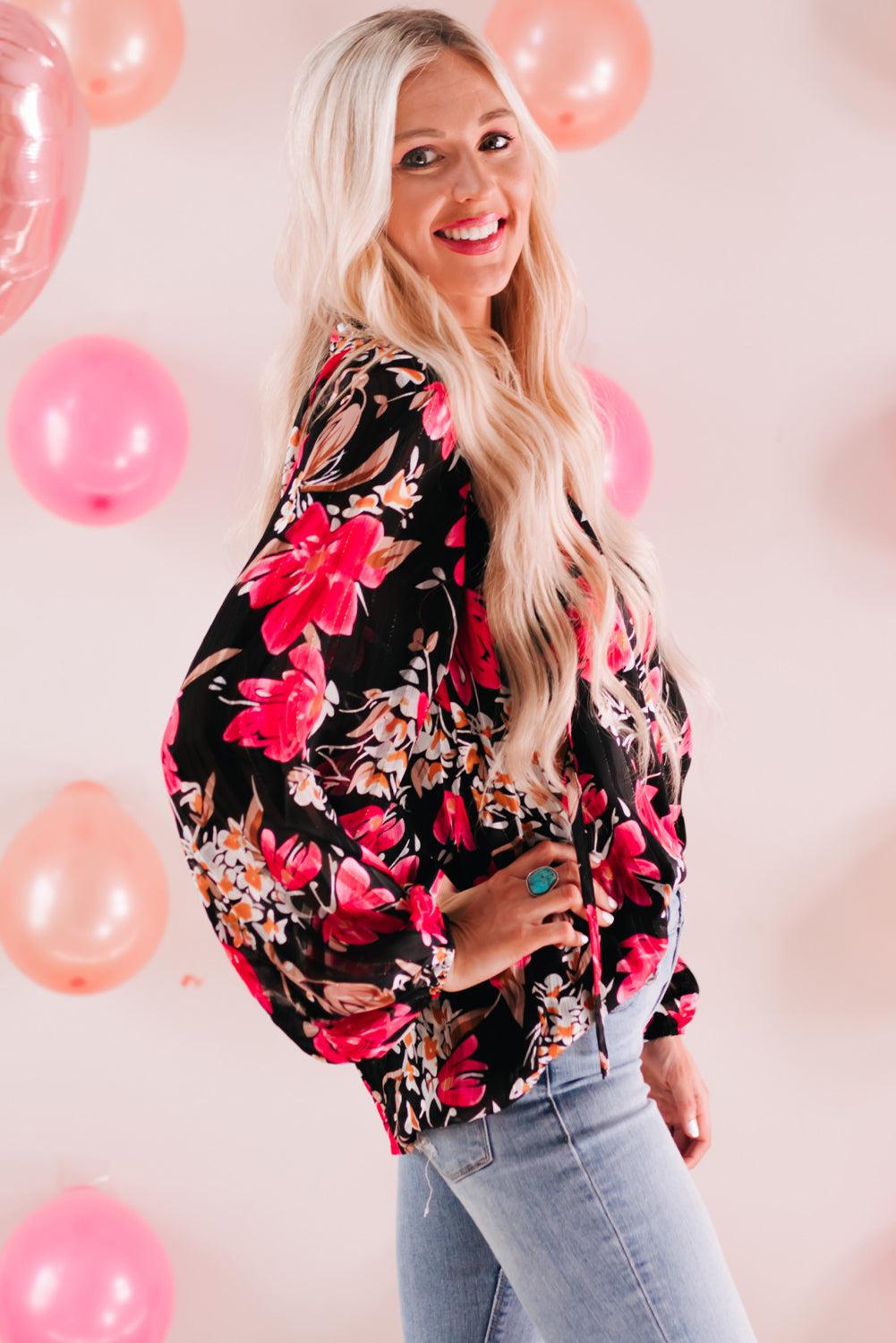 Floral V-Neck Balloon Sleeve Blouse BLUE ZONE PLANET