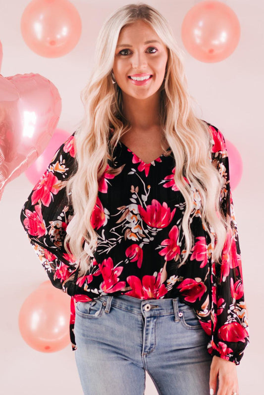 Floral V-Neck Balloon Sleeve Blouse BLUE ZONE PLANET