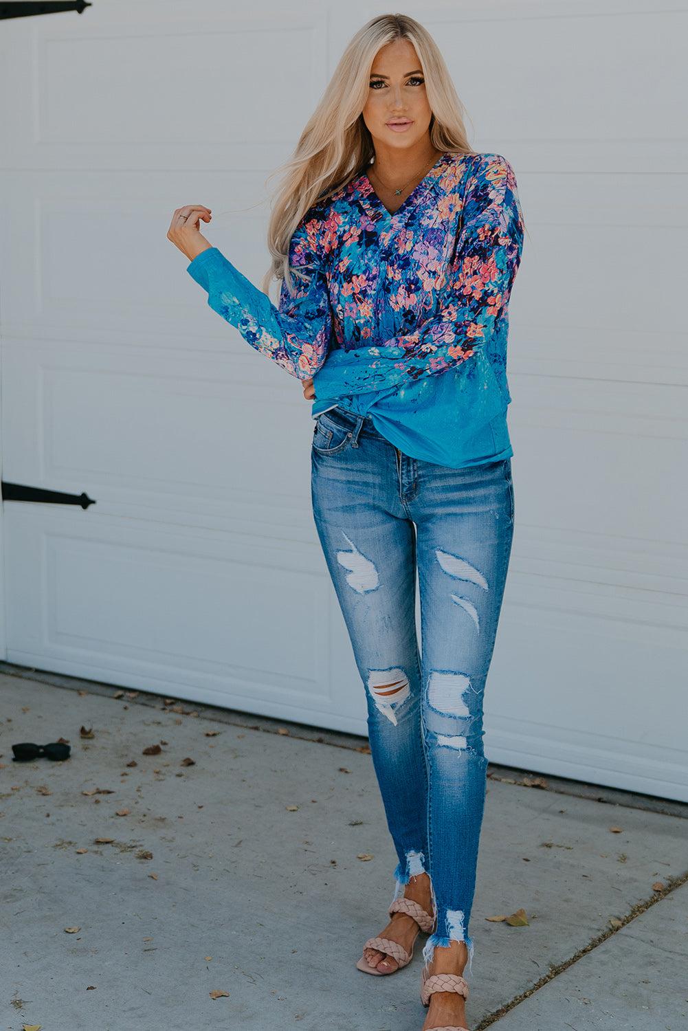 Floral V-Neck Long Sleeve Top BLUE ZONE PLANET