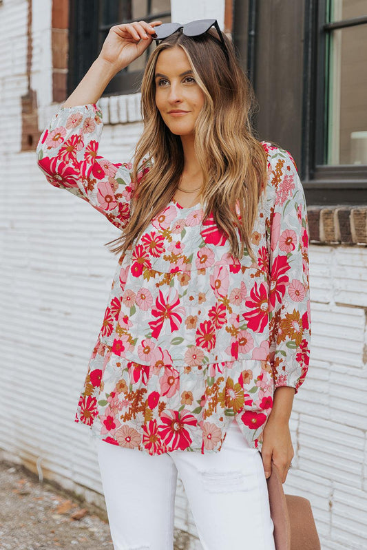 Floral V-Neck Tiered Babydoll Blouse BLUE ZONE PLANET