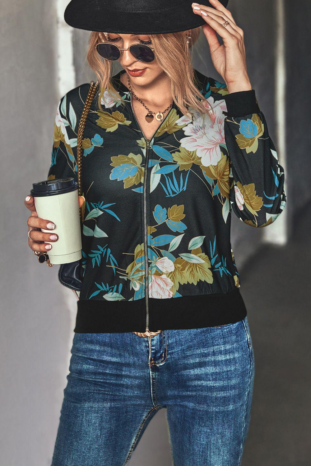 Floral Zip Up Ribbed Trim Bomber Jacket BLUE ZONE PLANET