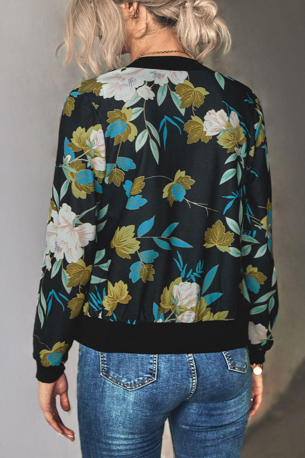 Floral Zip Up Ribbed Trim Bomber Jacket BLUE ZONE PLANET