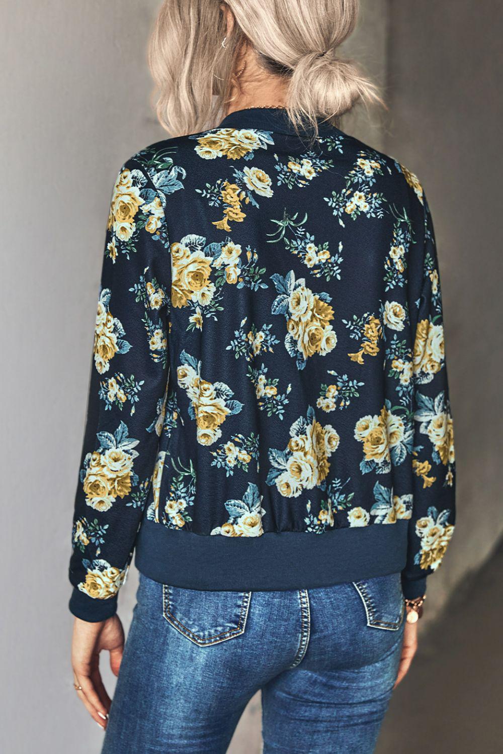 Floral Zip Up Ribbed Trim Bomber Jacket BLUE ZONE PLANET