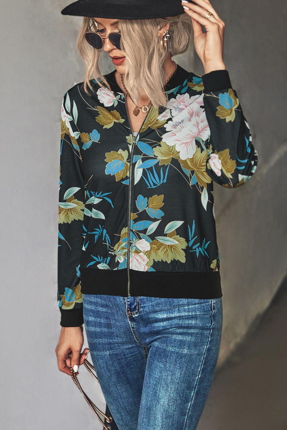 Floral Zip Up Ribbed Trim Bomber Jacket BLUE ZONE PLANET