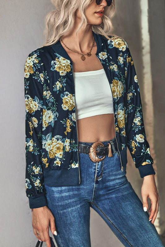 Floral Zip Up Ribbed Trim Bomber Jacket BLUE ZONE PLANET