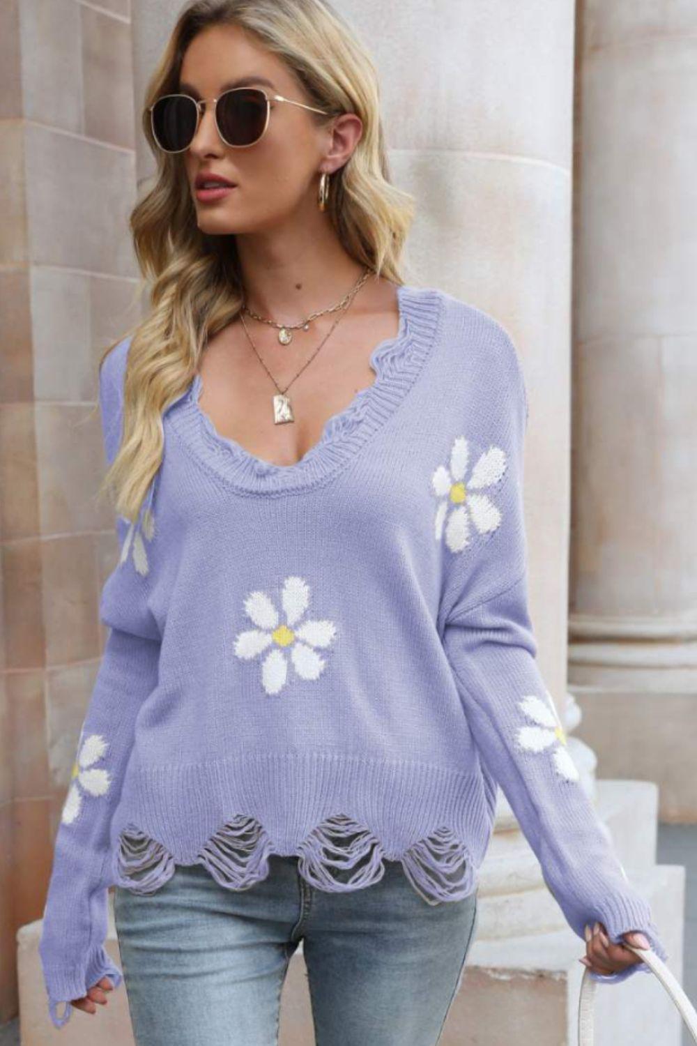 Flower Distressed Ribbed Trim Sweater-TOPS / DRESSES-[Adult]-[Female]-2022 Online Blue Zone Planet