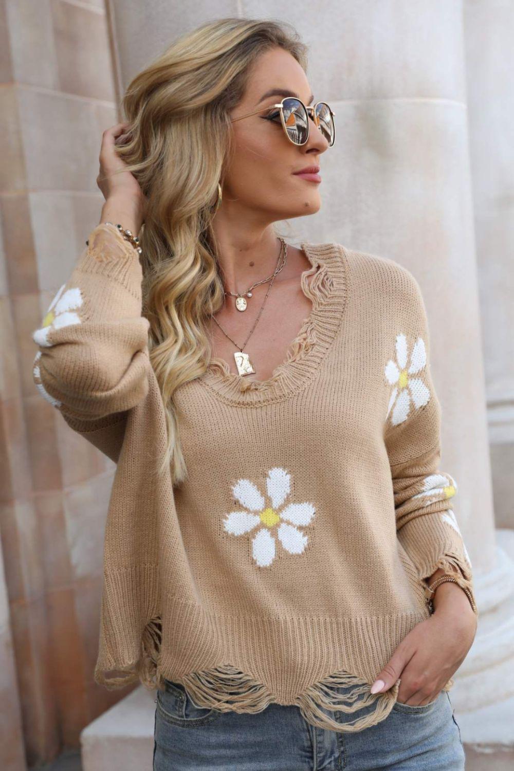Flower Distressed Ribbed Trim Sweater-TOPS / DRESSES-[Adult]-[Female]-Camel-S-2022 Online Blue Zone Planet