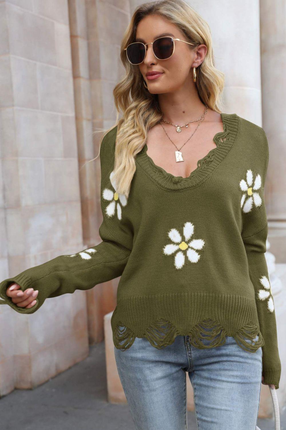 Flower Distressed Ribbed Trim Sweater-TOPS / DRESSES-[Adult]-[Female]-Green-S-2022 Online Blue Zone Planet