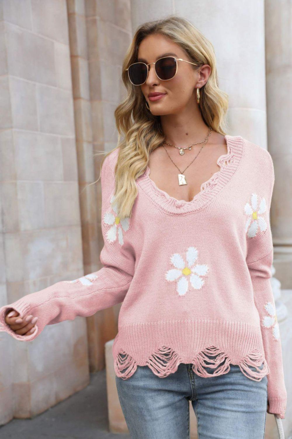 Flower Distressed Ribbed Trim Sweater-TOPS / DRESSES-[Adult]-[Female]-Pink-S-2022 Online Blue Zone Planet