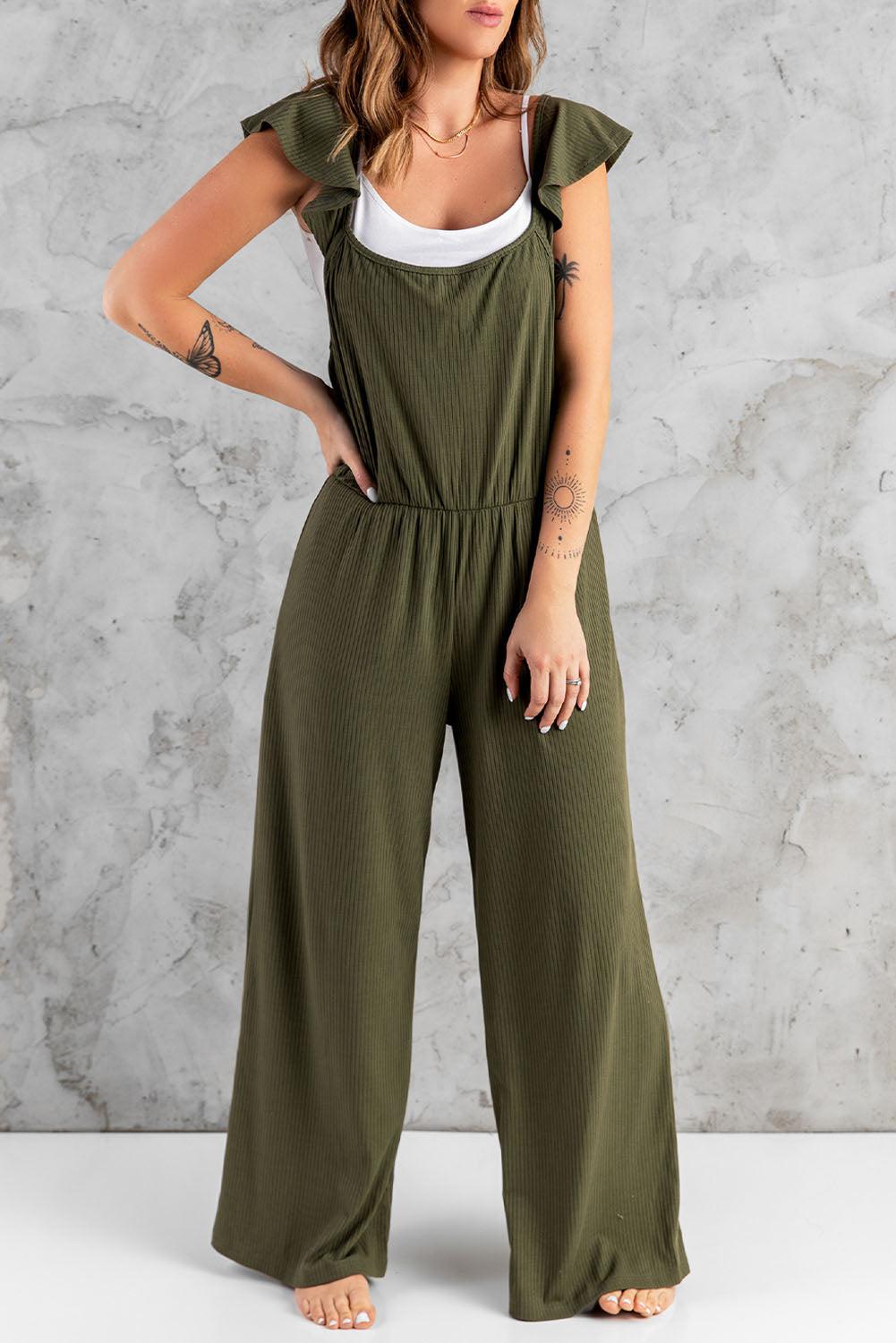 Flutter Sleeve Ribbed Jumpsuit-TOPS / DRESSES-[Adult]-[Female]-Green-S-Blue Zone Planet
