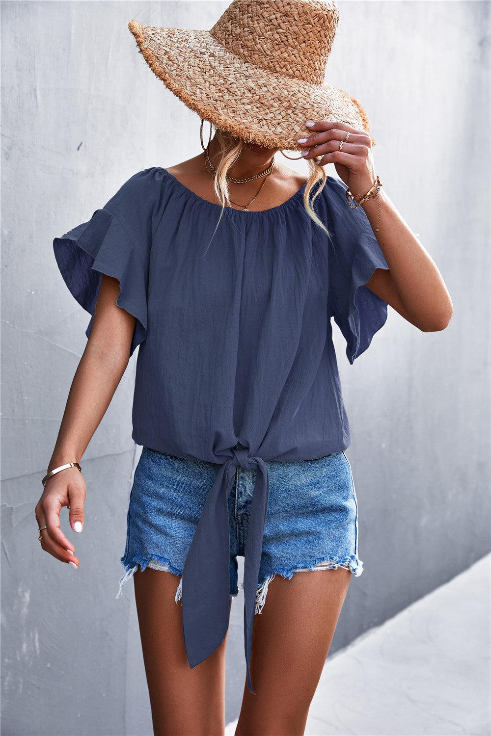 Flutter Sleeve Tie-Front Blouse BLUE ZONE PLANET