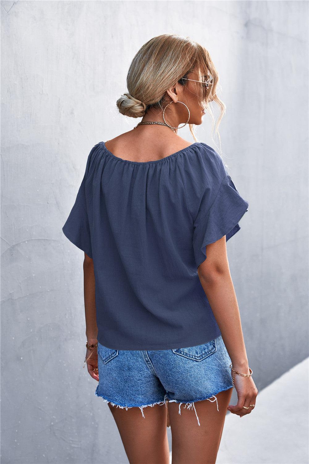 Flutter Sleeve Tie-Front Blouse BLUE ZONE PLANET