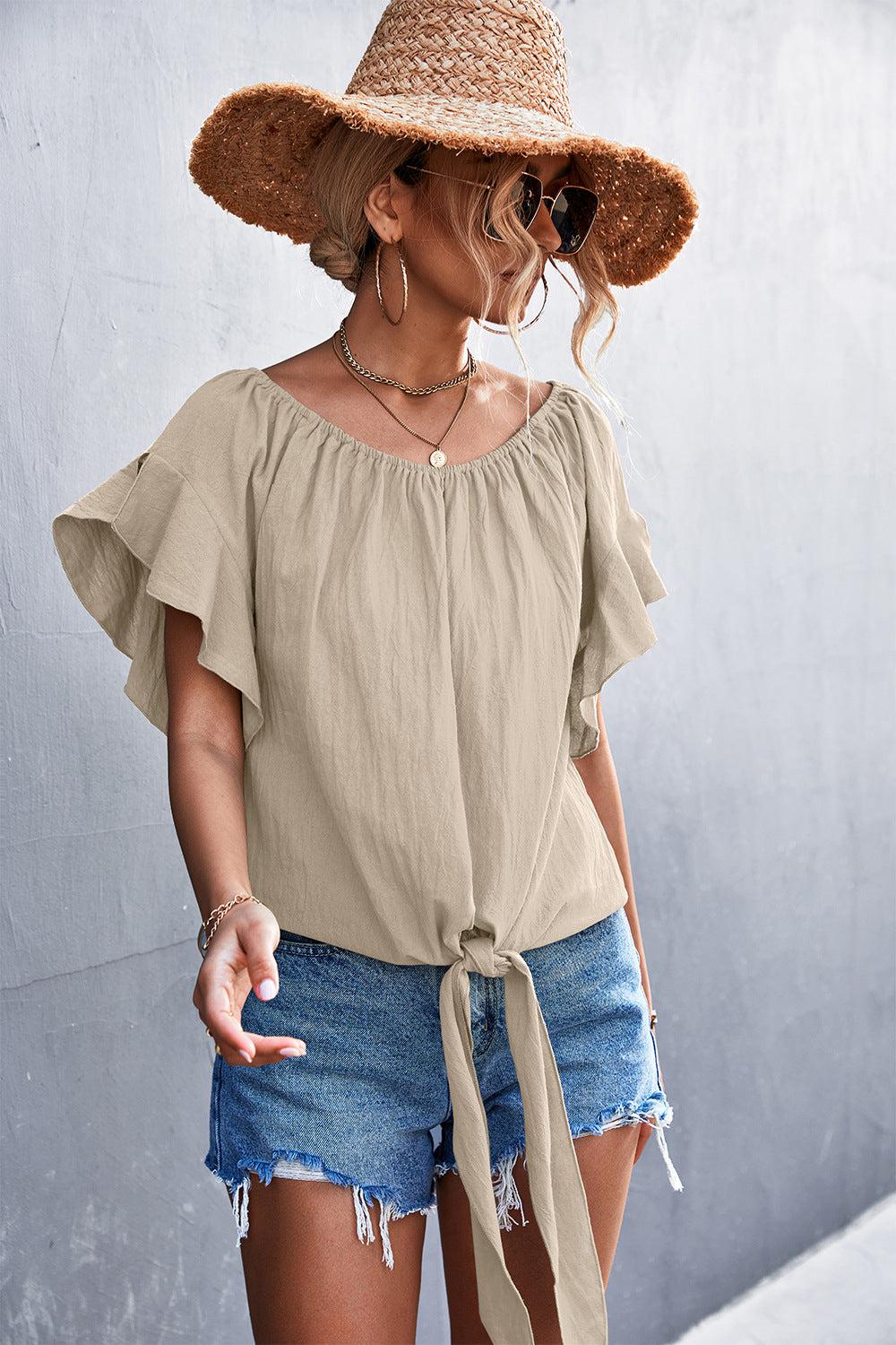 Flutter Sleeve Tie-Front Blouse BLUE ZONE PLANET