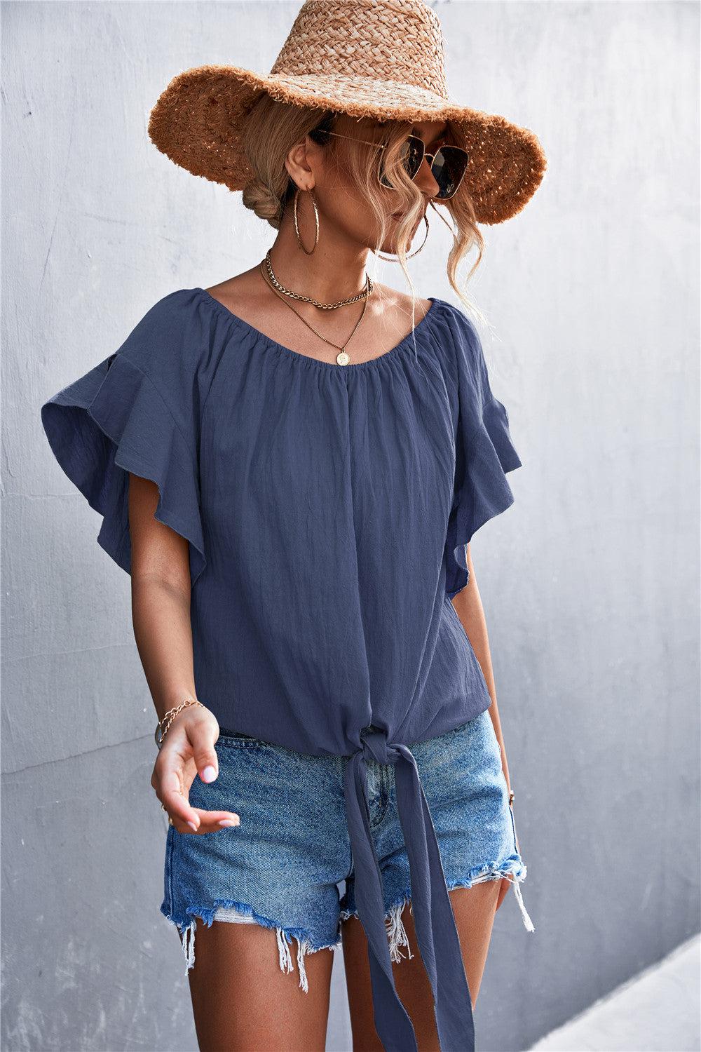 Flutter Sleeve Tie-Front Blouse BLUE ZONE PLANET