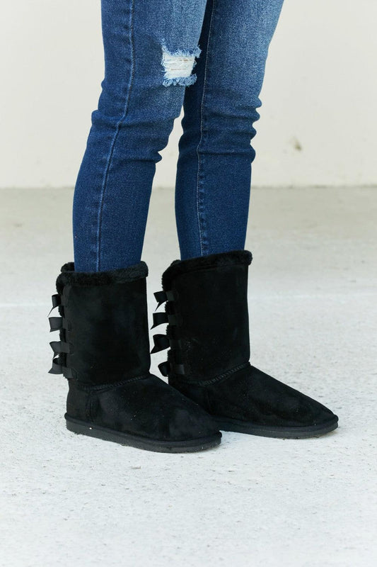Forever Link Bow Detail Faux Suede Leather Snow Boots-BOOTIES-[Adult]-[Female]-Black-6-2022 Online Blue Zone Planet