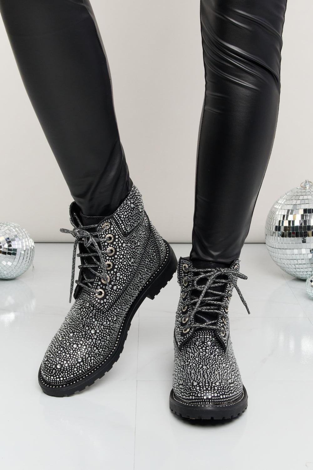 Forever Link Glitter Lace-Up Combat Boots-SHOES-[Adult]-[Female]-Black-6-2022 Online Blue Zone Planet