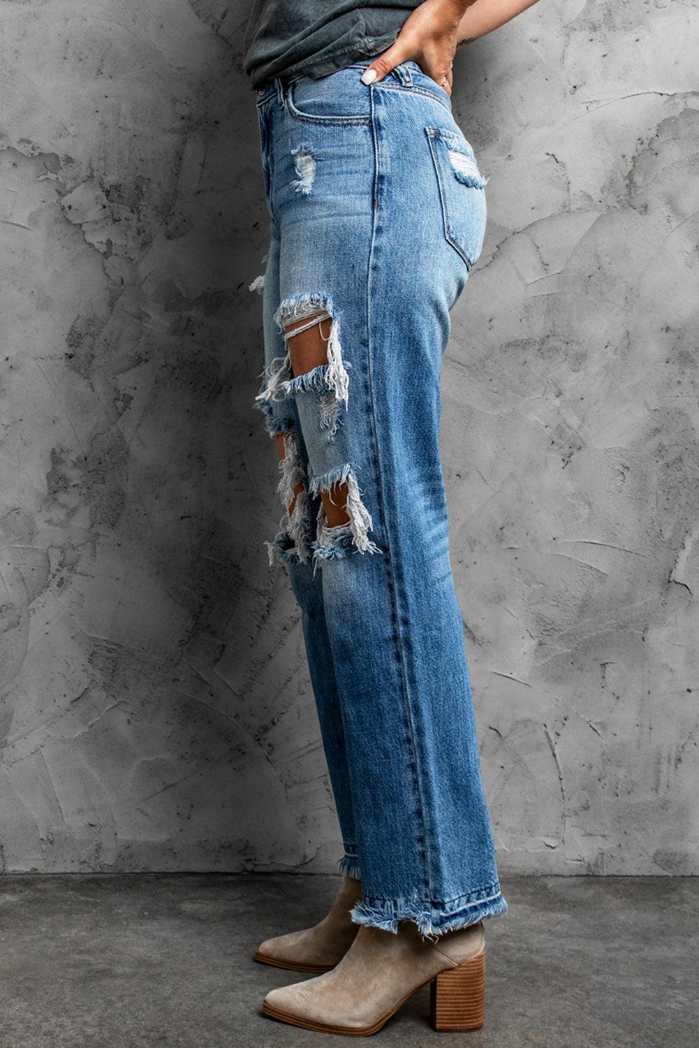 Frayed Hem Distressed Jeans with Pockets BLUE ZONE PLANET