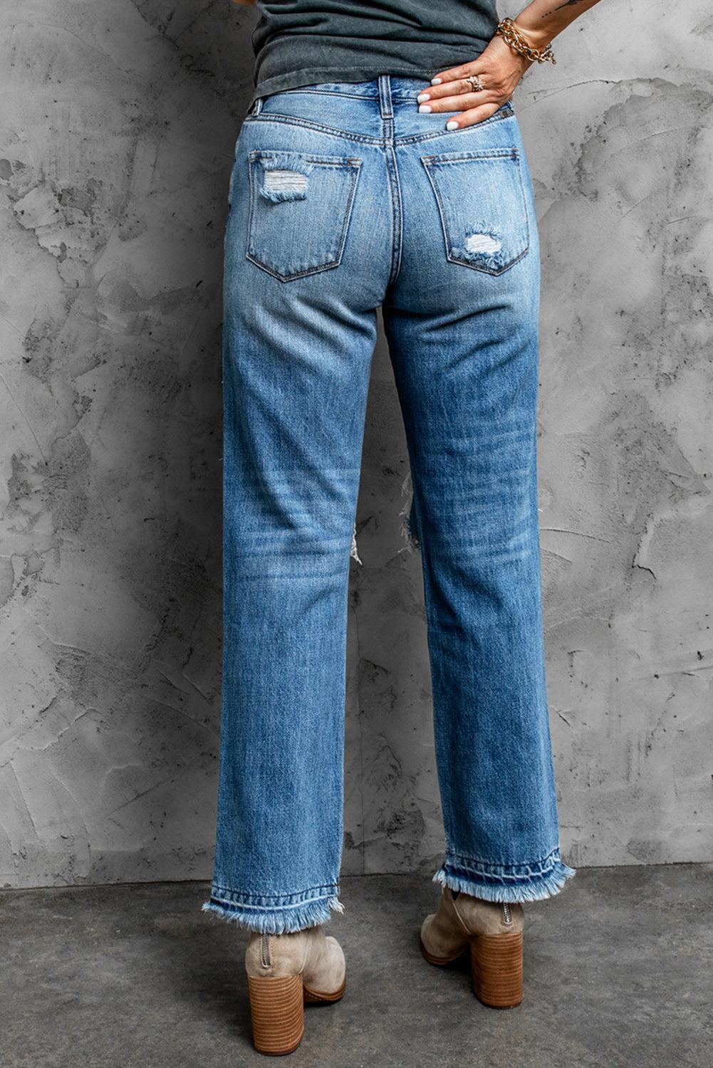 Frayed Hem Distressed Jeans with Pockets BLUE ZONE PLANET