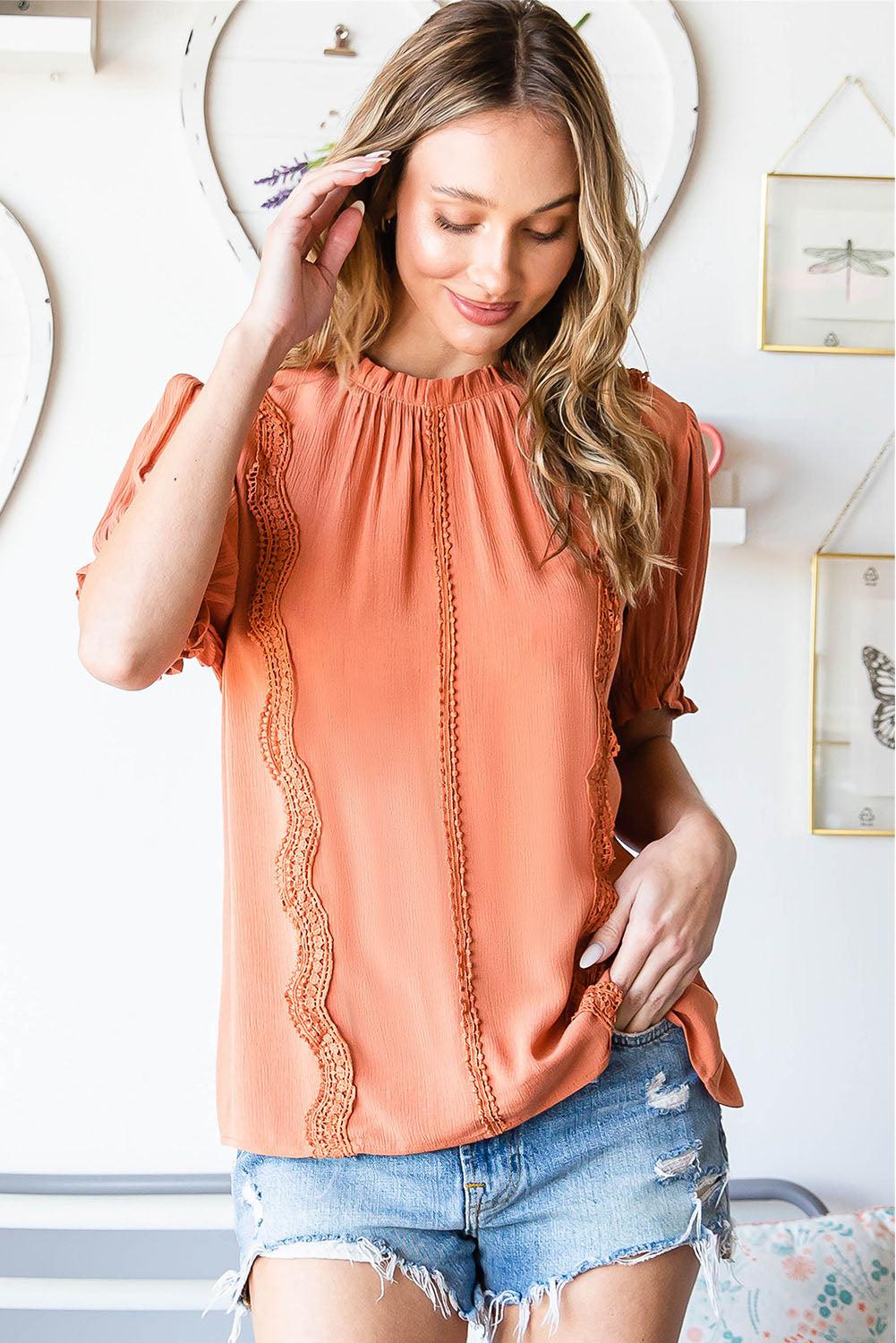 Frill Neck Short Flounce Sleeve Blouse BLUE ZONE PLANET