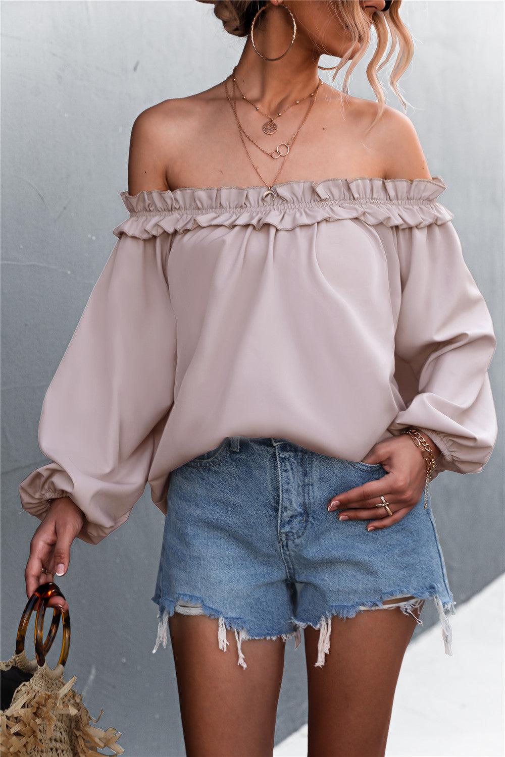 Frill Trim Off-Shoulder Balloon Sleeve Top BLUE ZONE PLANET