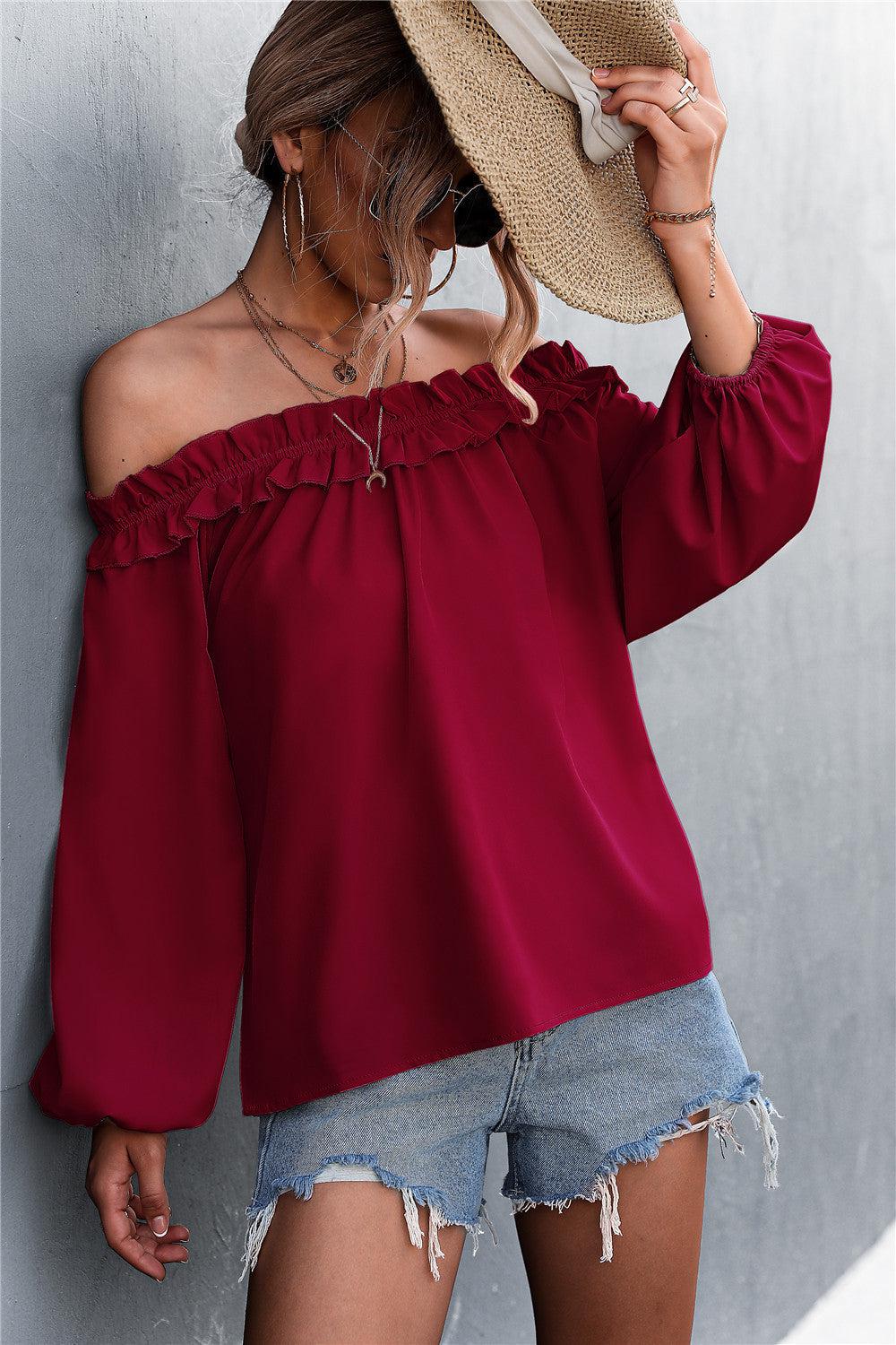 Frill Trim Off-Shoulder Balloon Sleeve Top BLUE ZONE PLANET