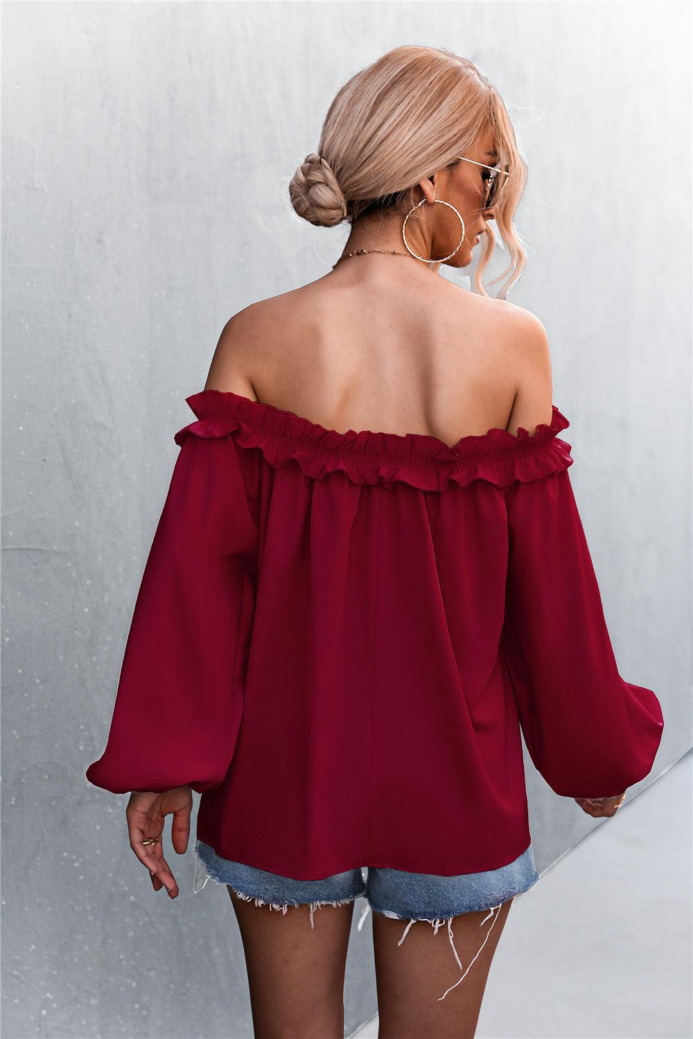 Frill Trim Off-Shoulder Balloon Sleeve Top BLUE ZONE PLANET