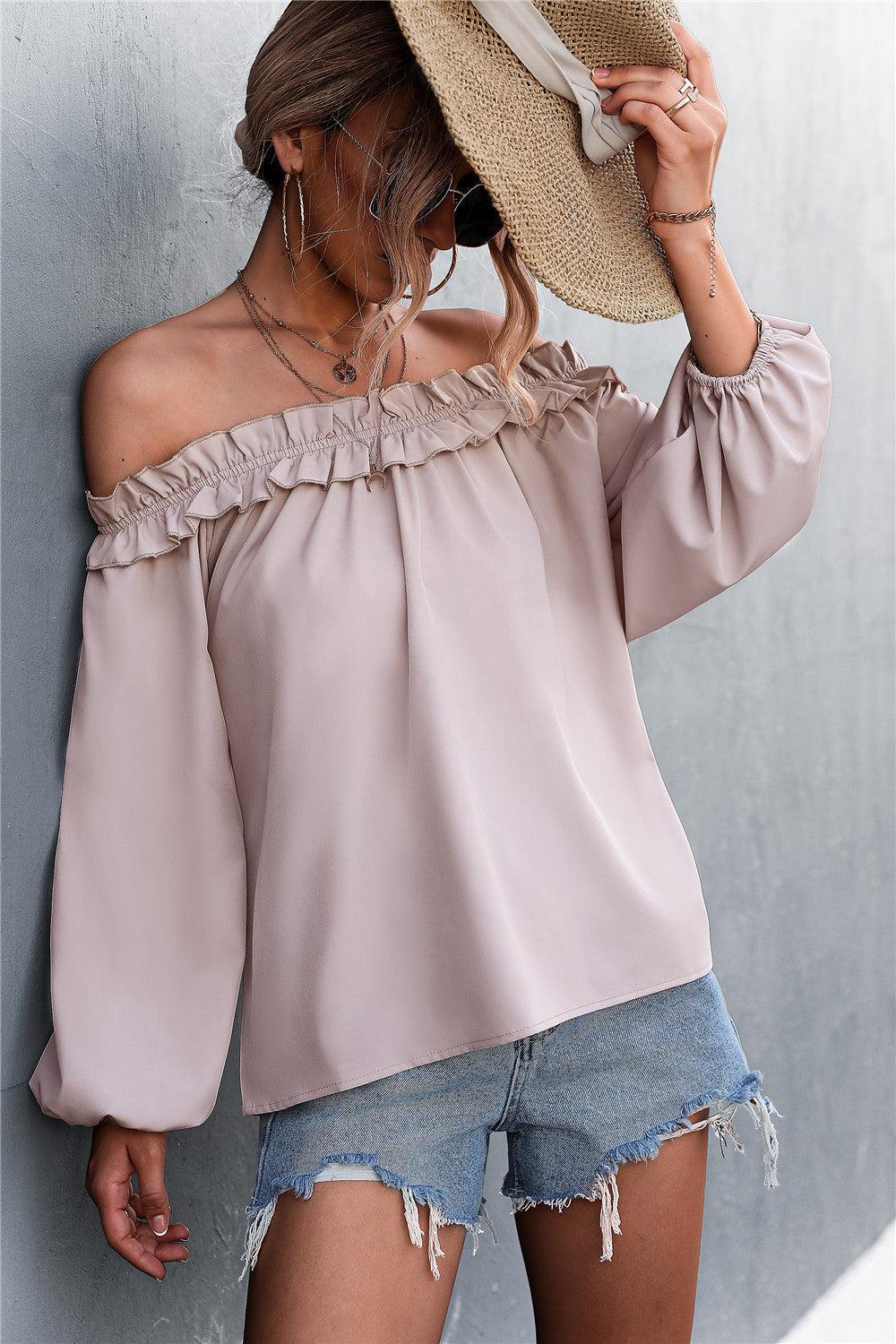 Frill Trim Off-Shoulder Balloon Sleeve Top BLUE ZONE PLANET