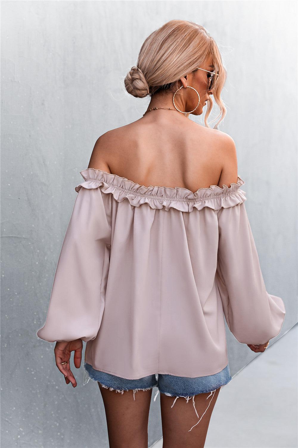 Frill Trim Off-Shoulder Balloon Sleeve Top BLUE ZONE PLANET